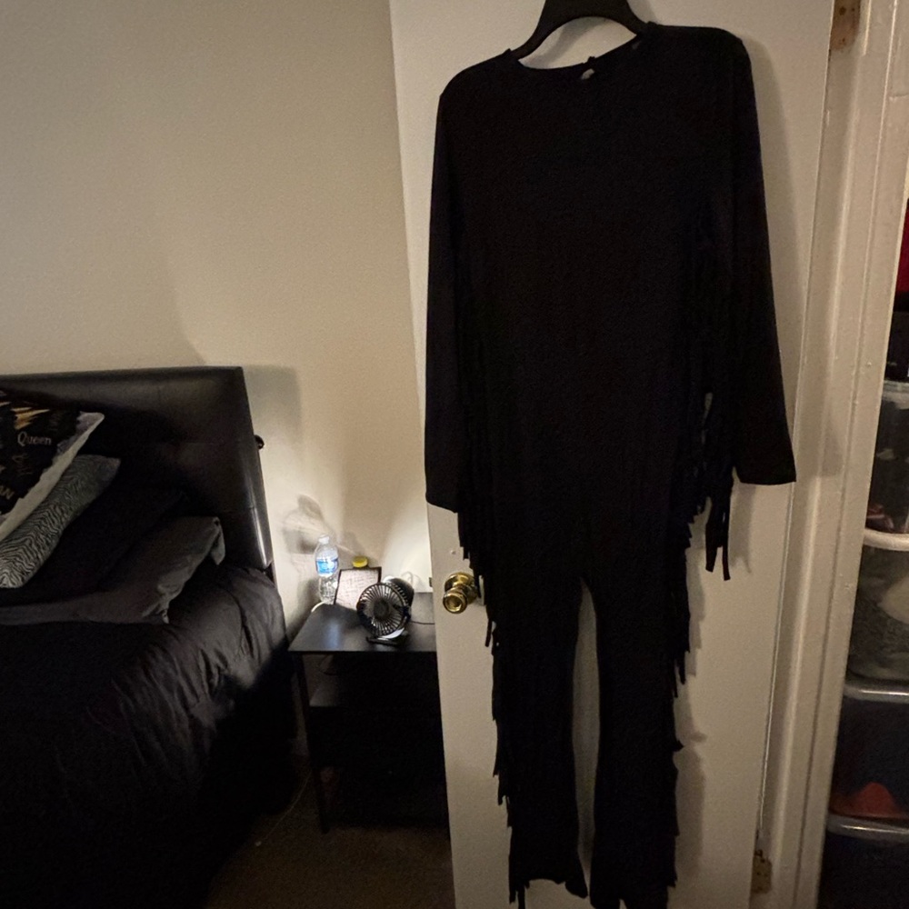 Long Sleeves Black Fringe One-Piece Back-Out Jumpsuit with Fringed-Arms & Sides